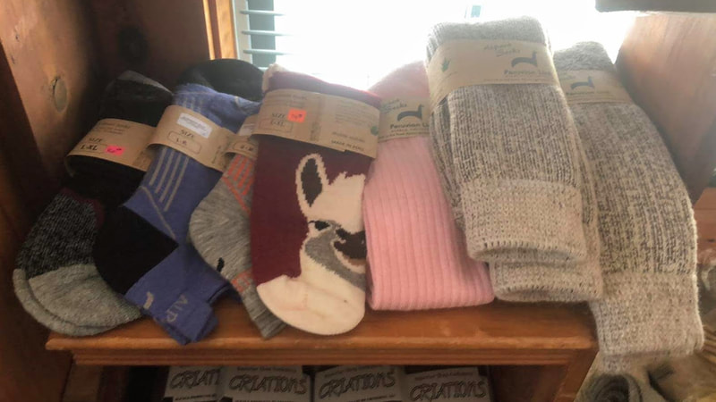 A variety of alpaca socks that are gray, black, pink, blue, and maroon are available for sale at this alpaca store.